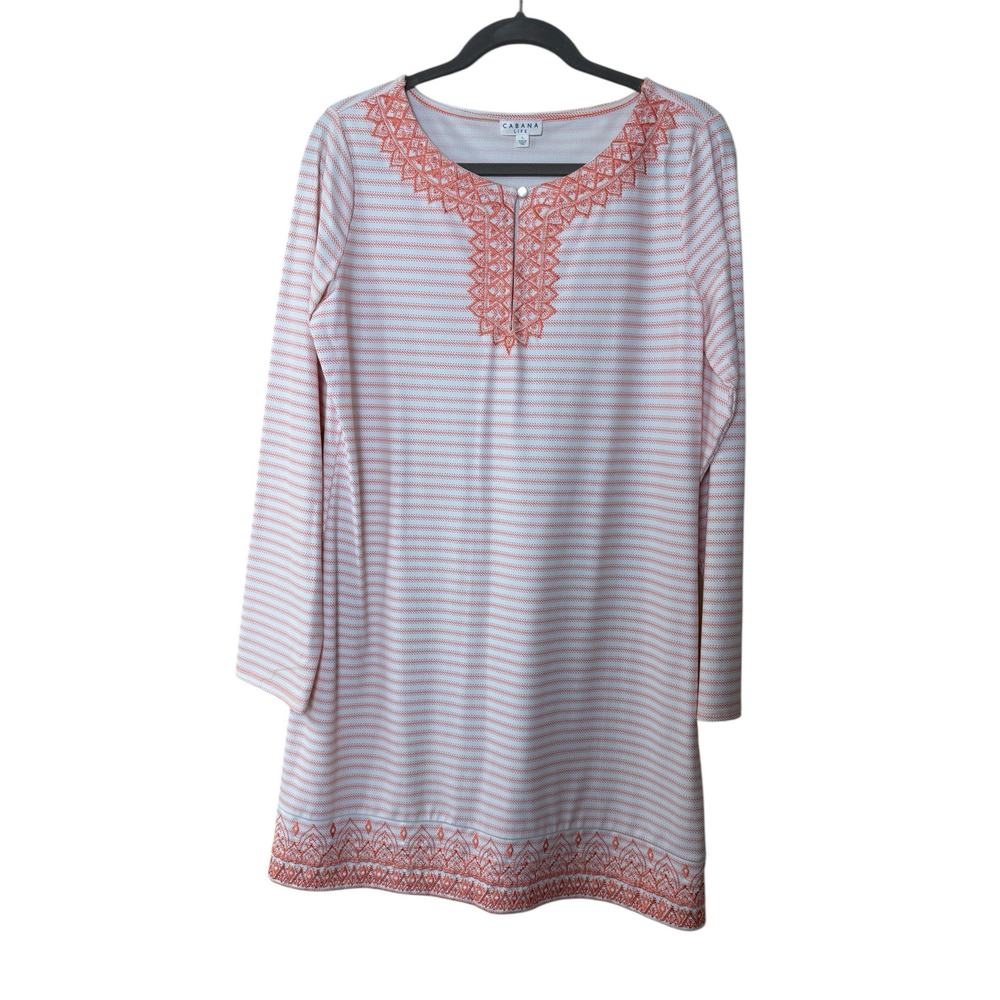 Cabana Life long sleeve tunic dress resort beach orange white striped Large